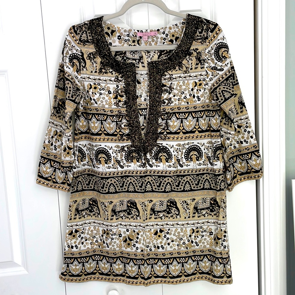 Calypso cotton tunic with elephant and peacock pattern.
